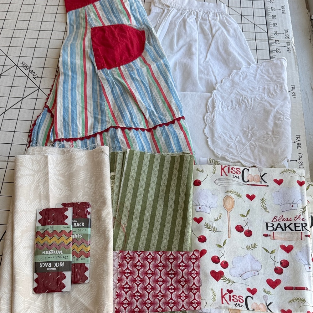 Vintage Fabric Remnants & Damaged Aprons Lot | Cotton Prints, Rick Rack